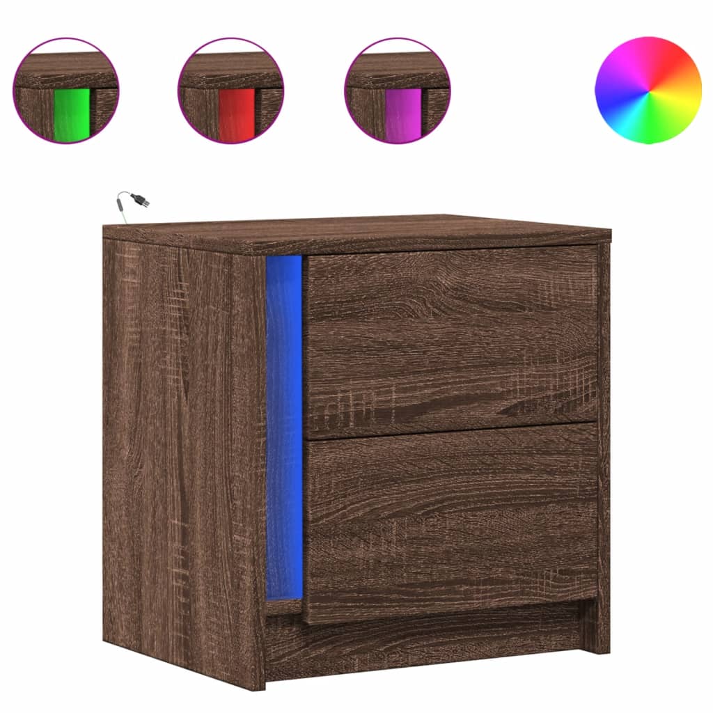 Nattbord med LED 2 stk brun eik konstruert tre