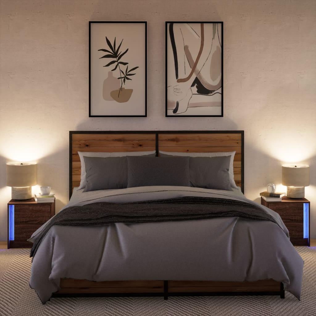 Nattbord med LED 2 stk brun eik konstruert tre