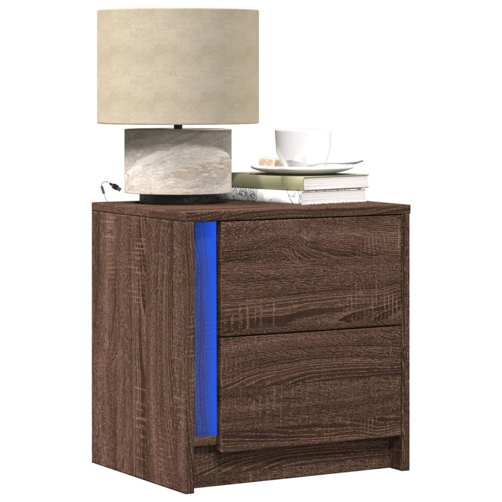 Nattbord med LED 2 stk brun eik konstruert tre