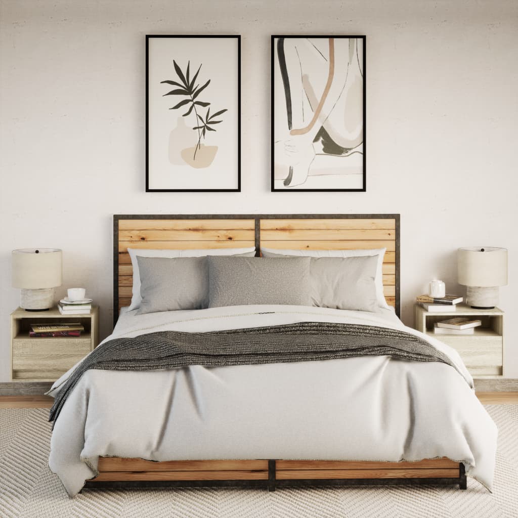 Vegghengte nattbord med LED-lys 2 stk sonoma eik