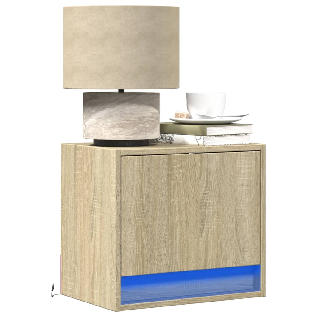 Vegghengte nattbord med LED-lys 2 stk sonoma eik