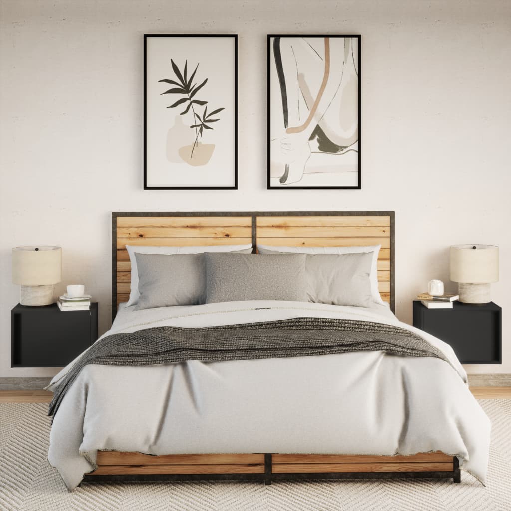 Vegghengte nattbord med LED-lys 2 stk svart