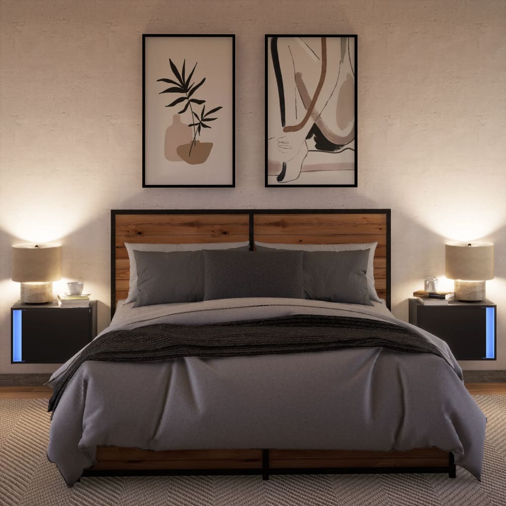 Vegghengte nattbord med LED-lys 2 stk svart