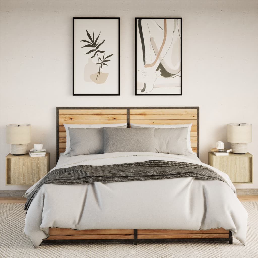 Vegghengte nattbord med LED-lys 2 stk sonoma eik