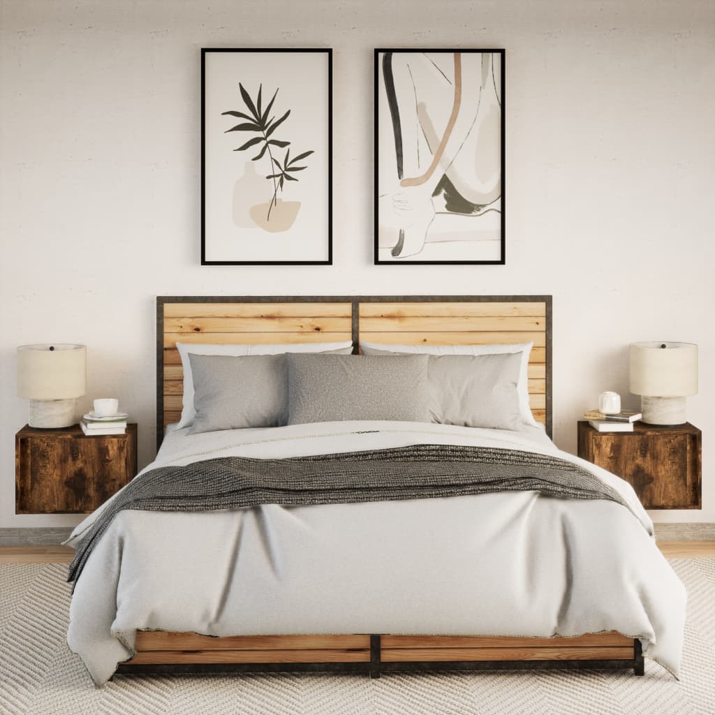 Vegghengte nattbord med LED-lys 2 stk røkt eik