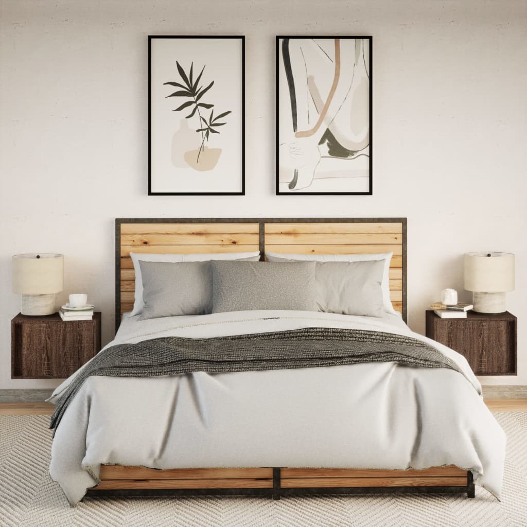 Vegghengte nattbord med LED-lys 2 stk brun eik