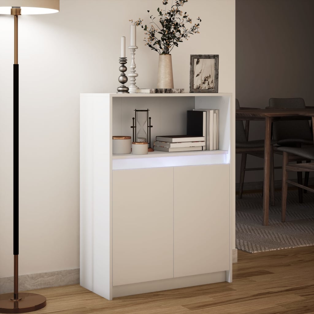 Skjenk med LED hvit 72x34x100 cm konstruert tre