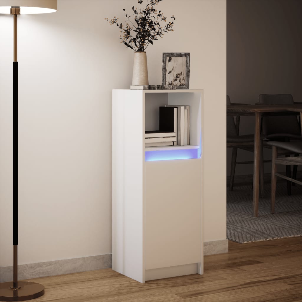 Skjenk med LED hvit 38x34x100 cm konstruert tre