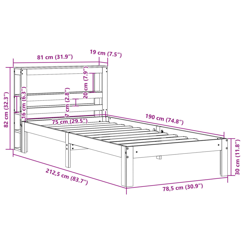 Sengeramme uten madrass voksbrun 75x190 cm heltre furu