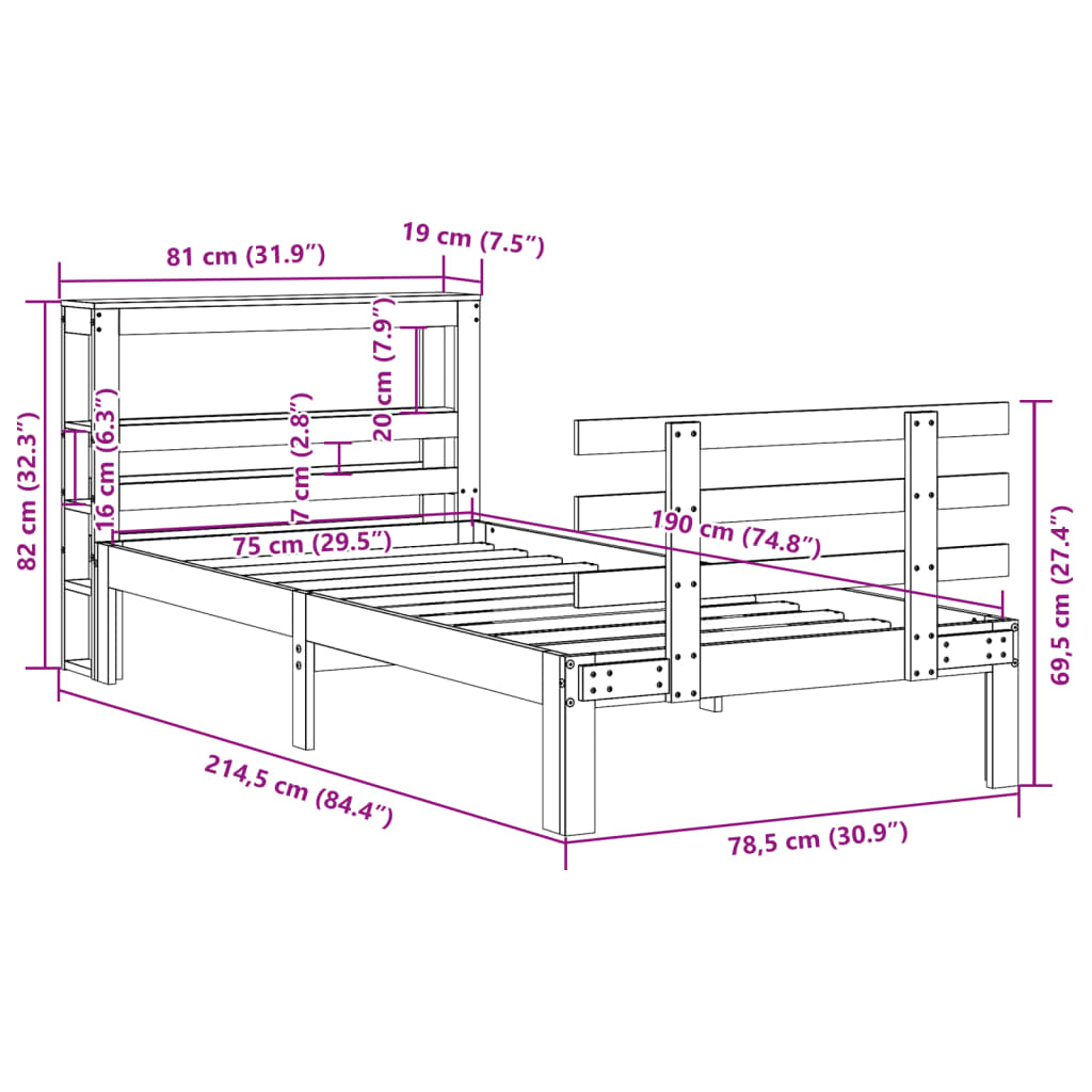 Sengeramme med hodegavl hvit 75x190 cm heltre furu