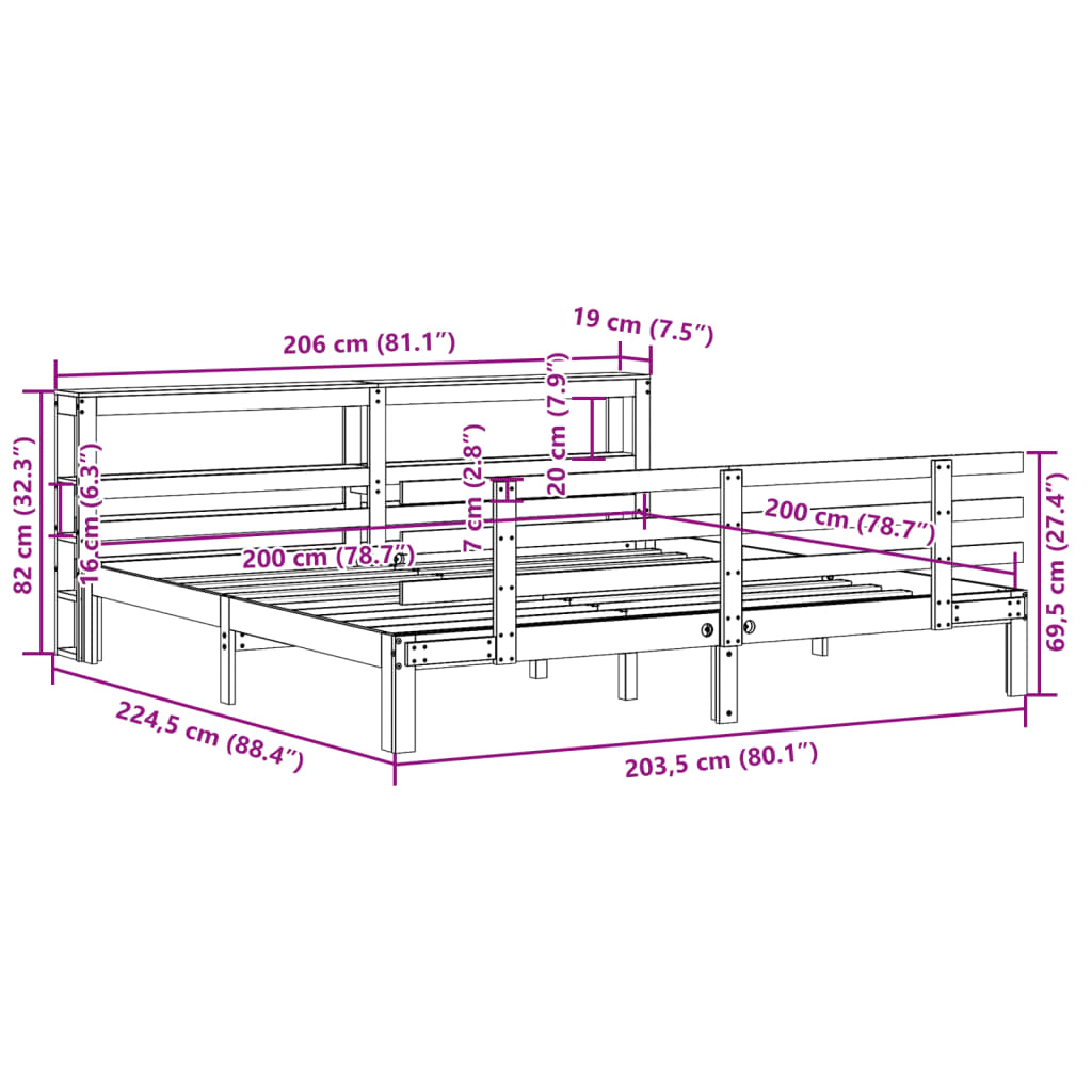 Sengeramme med hodegavl hvit 200x200 cm heltre furu