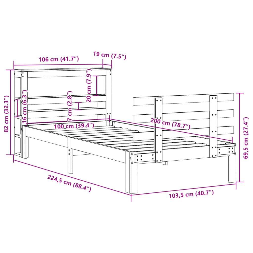 Sengeramme med hodegavl voksbrun 100x200 cm heltre furu