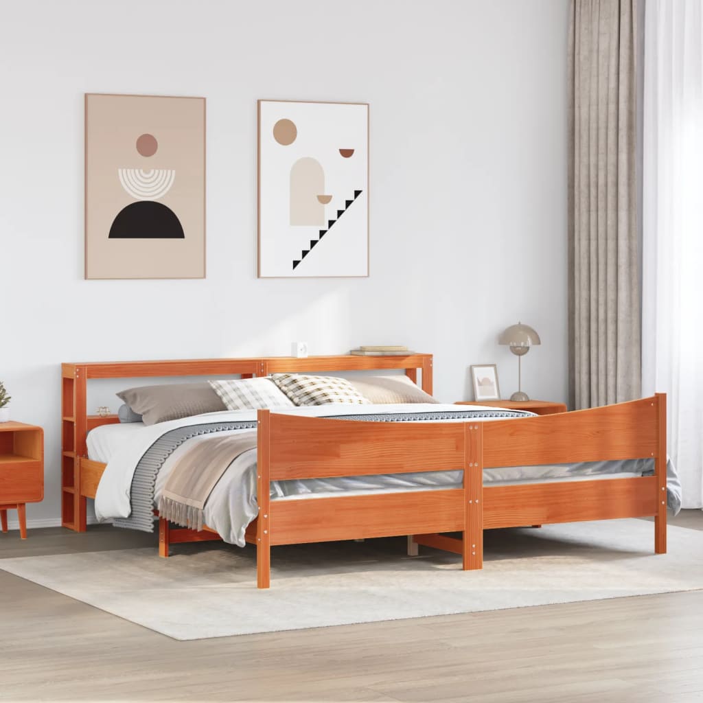 Sengeramme med hodegavl voksbrun 200x200 cm heltre furu