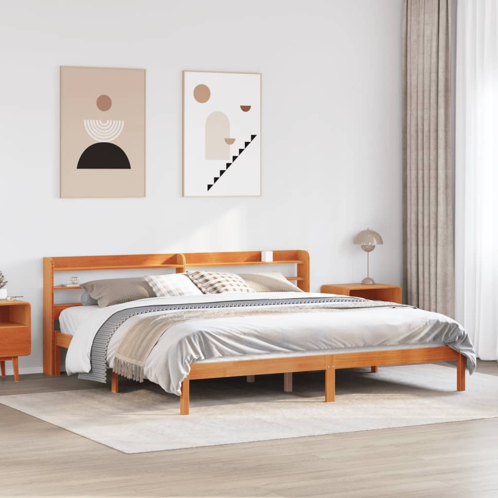 Sengeramme med hodegavl voksbrun 200x200 cm heltre furu