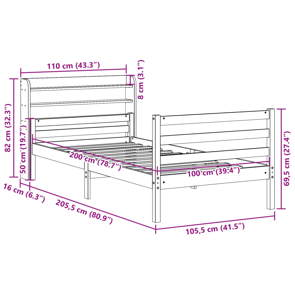 Sengeramme med hodegavl hvit 100x200 cm heltre furu
