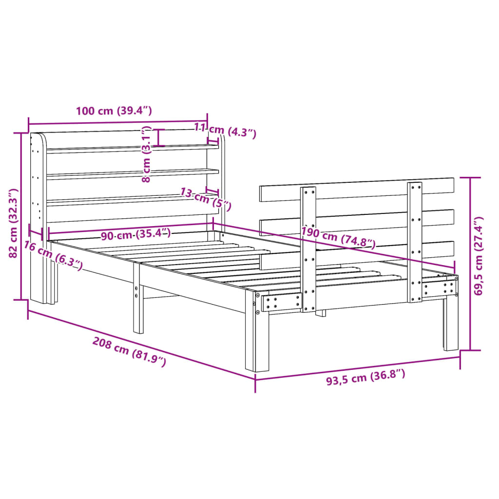 Sengeramme med hodegavl hvit 90x190 cm heltre furu