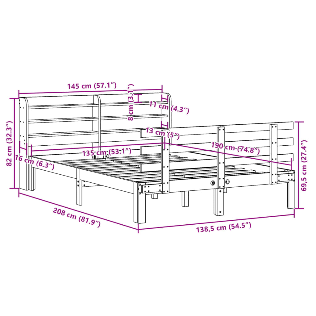 Sengeramme med hodegavl hvit 135x190 cm heltre furu