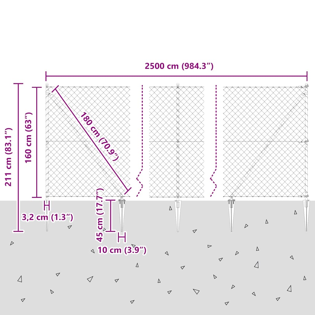 Kjedefence med topper 25 x 1,6 m PVC-belagt stål Grå Mesh