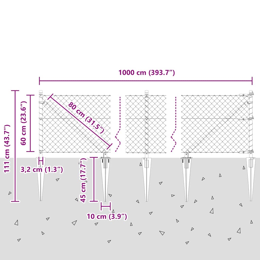 Kjedefence med topper 10 x 0,6 m Galvanisert stål Sølv Mesh