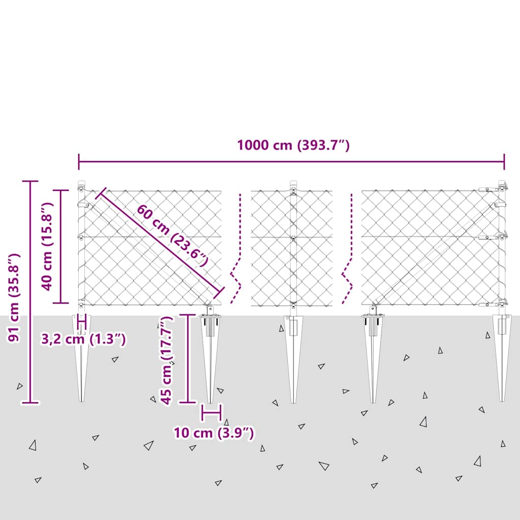 Gjerdepåle sølv 10 x 0,4 m (60 x 60 mm mesh) Stål vidaXL