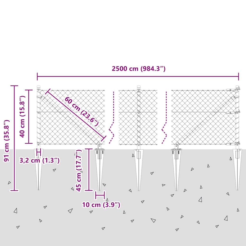 Utendørs Kjedehegn med Spiker 25 x 0,4 m Galvanisert stål Sølv