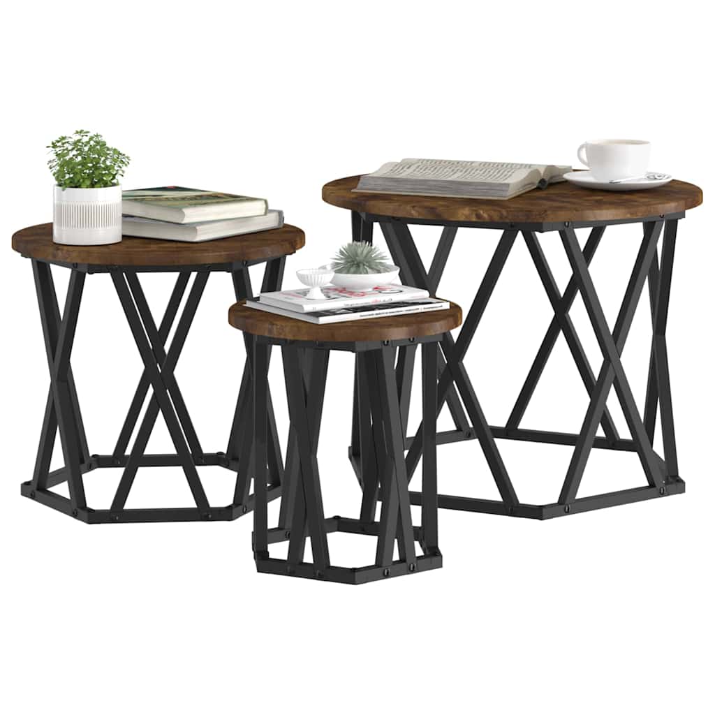 Nesting Sidebord 3 pcs Røkt eik Konstruksjonsvirke og stål
