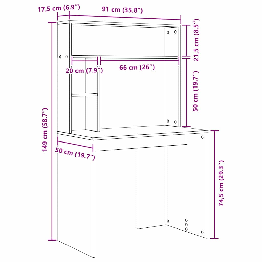 Skrivebord med hylle Hvit 91 x 50 x 149 cm Konstruert tre