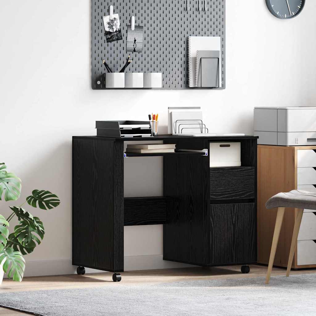Skrivebord med hjul Svart Eik 91 x 50 x 77 cm Konstruert tre