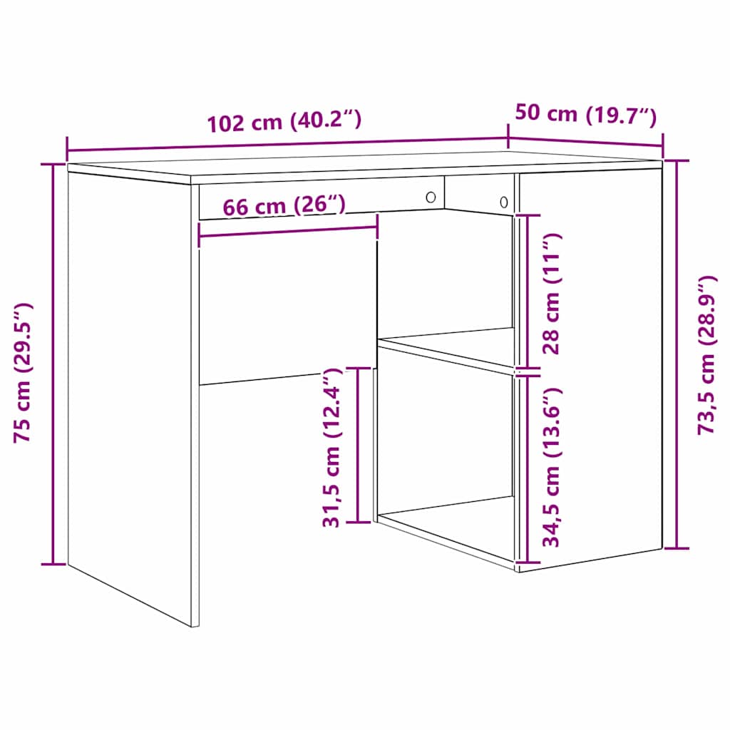 Skrivebord med hylle Sonoma eik 102 x 50 x 75 cm Konstruert tre