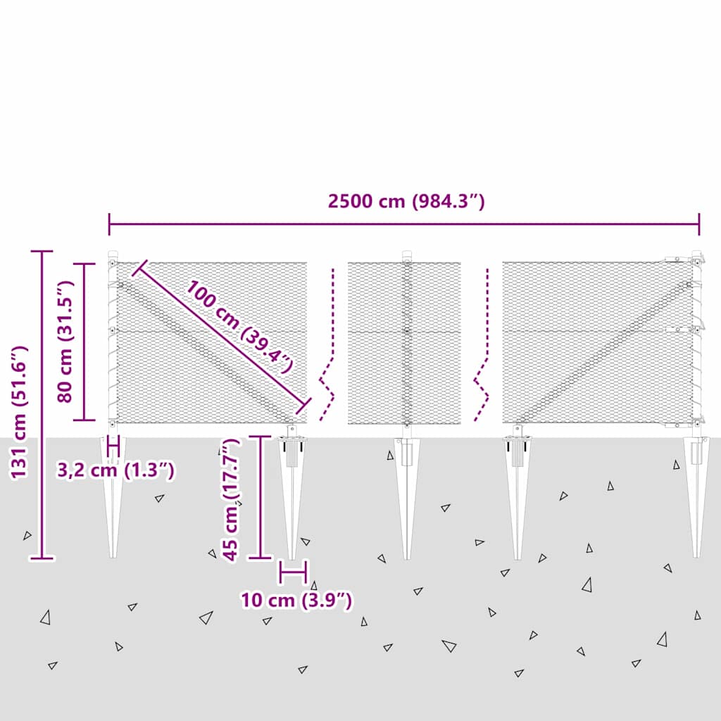 Svweiende trådgjerde med spisser 25 x 0,8 m (B x H)