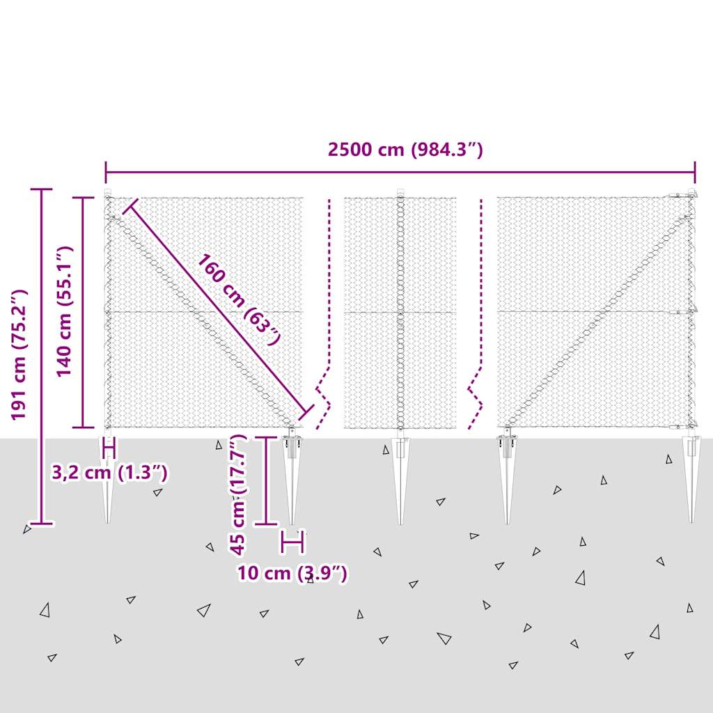Svweiende trådgjerde med spisser 25 x 1,4 m (B x H)