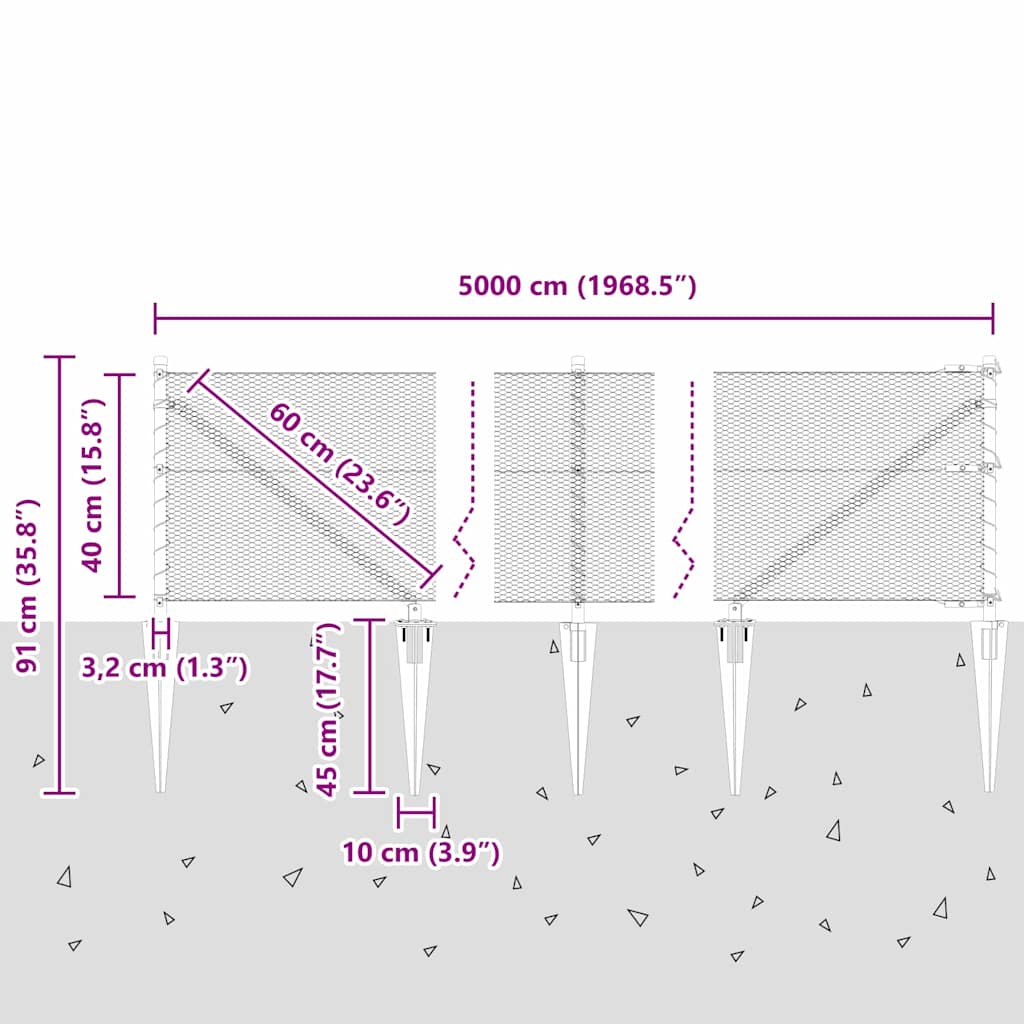 Sekskantet gjerde med post 50 x 0,4 m PVC-belagt stål Grå Mesh