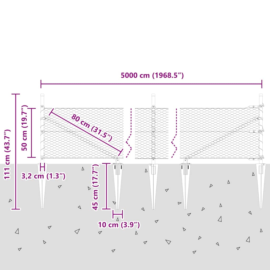 Sekskantet gjerde med post 50 x 0,5 m PVC-belagt stål Grå Mesh