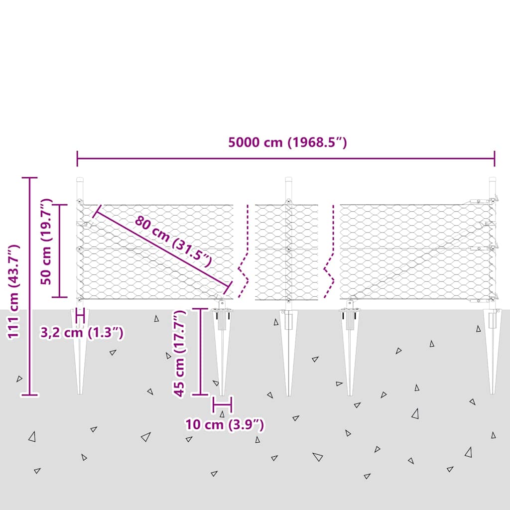 Sekskantet gjerde med post 50 x 0,5 m PVC-belagt stål Grå Mesh