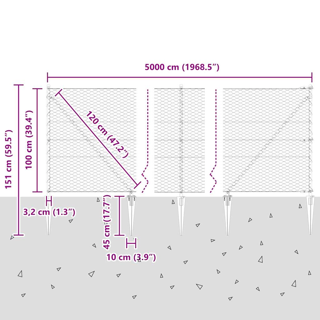 Sekskantet gjerde med post 50 x 1 m PVC-belagt stål Grå Mesh