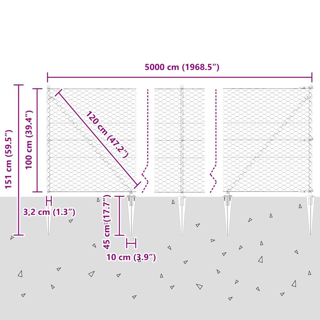 Sekskantet gjerde med post 50 x 1 m PVC-belagt stål Grå Mesh