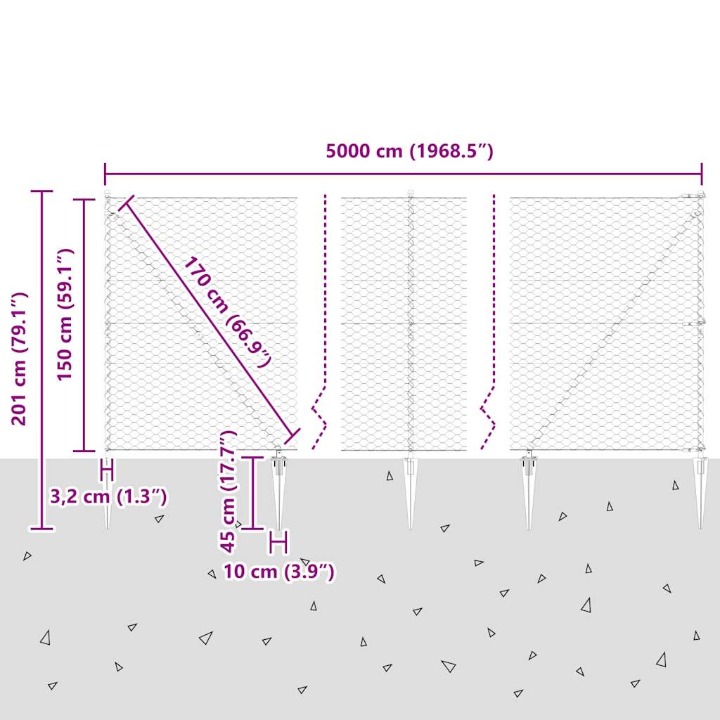 Sekskantet gjerde med post 50 x 1,5 m PVC-belagt stål Grå Mesh