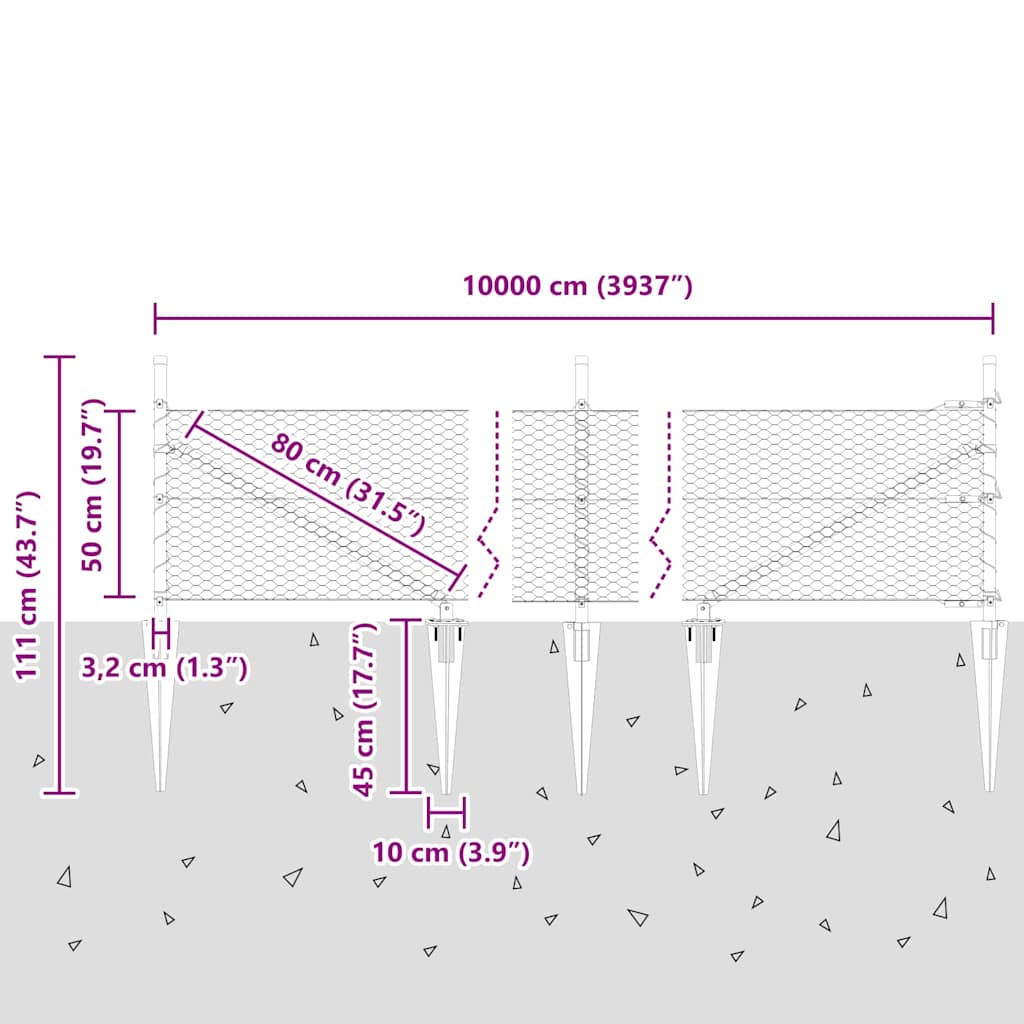 Sekskantet gjerde med post 100 x 0,5 m PVC-belagt stål Grå Mesh