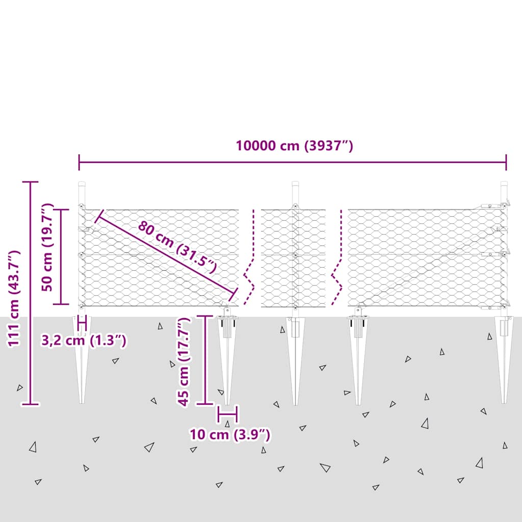 Sekskantet gjerde med post 100 x 0,5 m PVC-belagt stål Grå Mesh