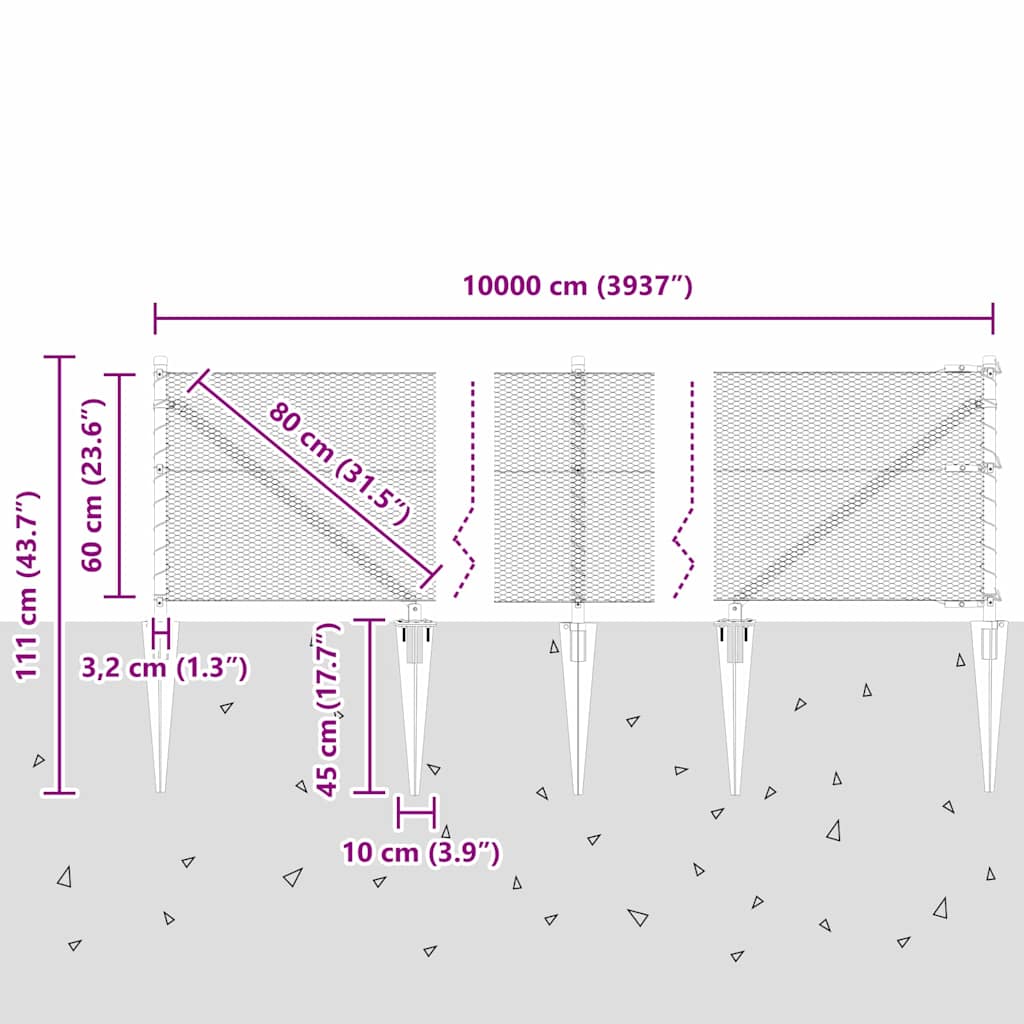 Sekskantet gjerde med post 100 x 0,6 m PVC-belagt stål Grå Mesh