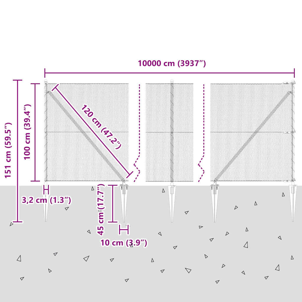 Svweiende trådgjerde med spisser 100 x 1 m (B x H)