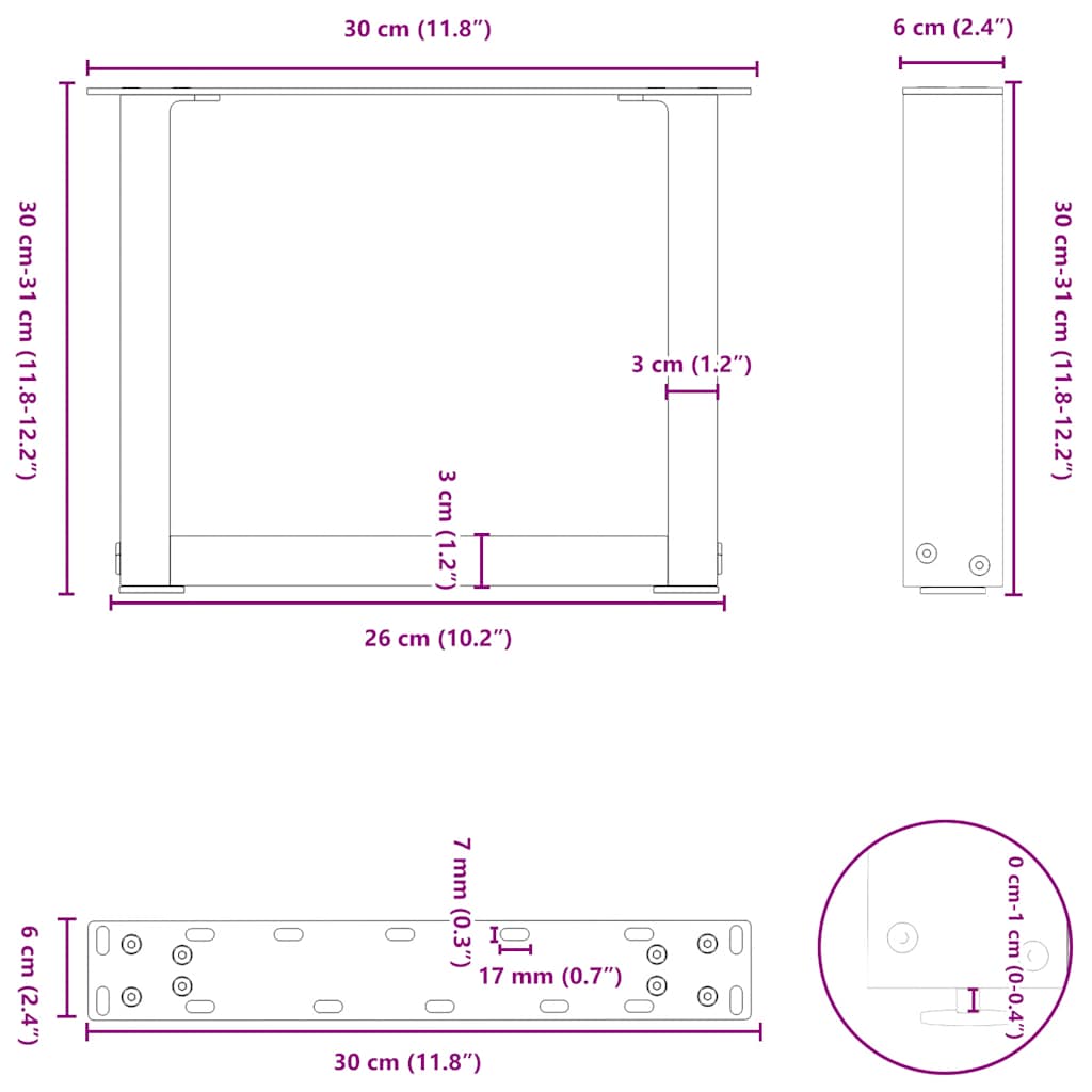 Salongbordben U-formet 2 stk svart 30x(30-31) cm stål