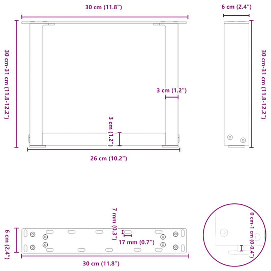 Salongbordben U-formet 2 stk svart 30x(30-31) cm stål