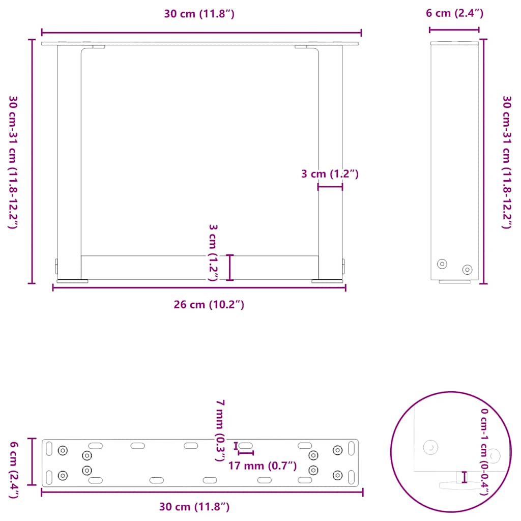 Salongbordben U-formet 2 stk hvit 30x(30-31) cm stål