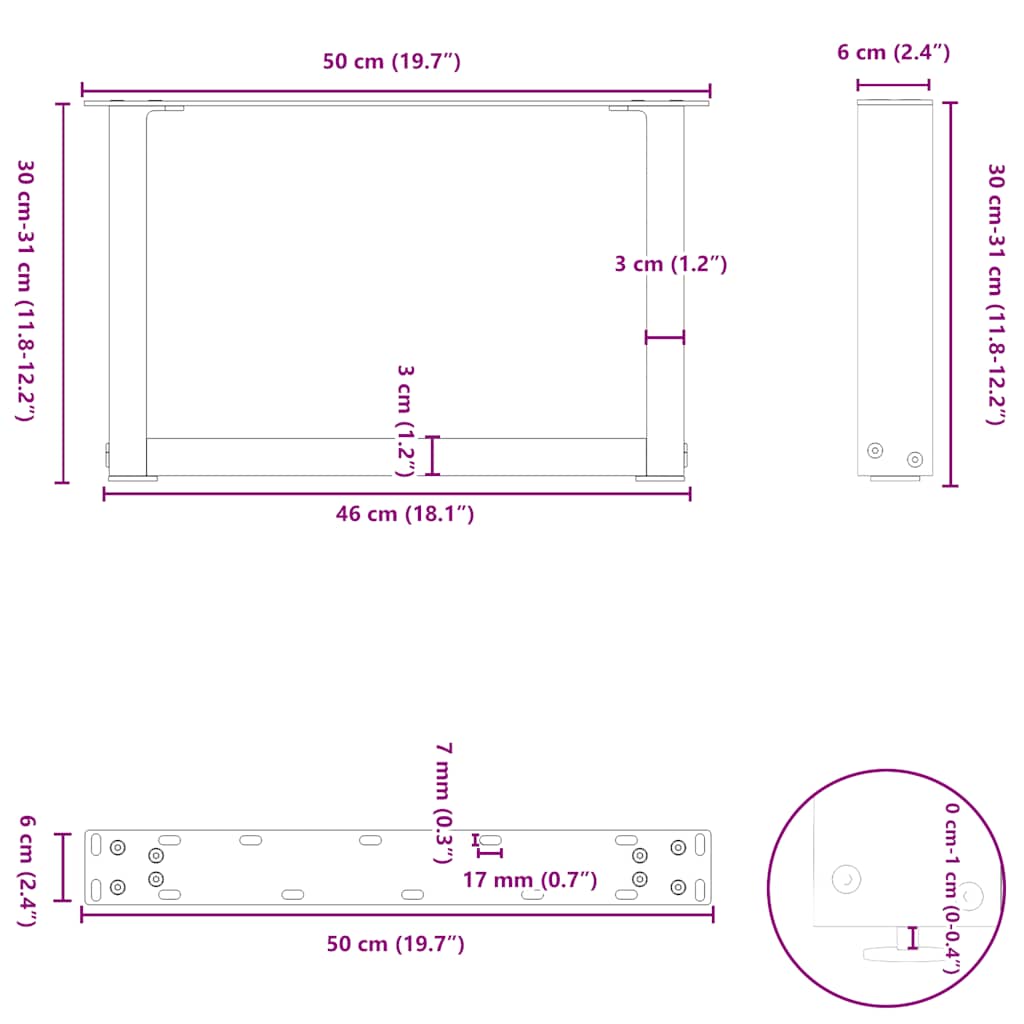Salongbordben U-formet 2 stk hvit 50x(30-31) cm stål