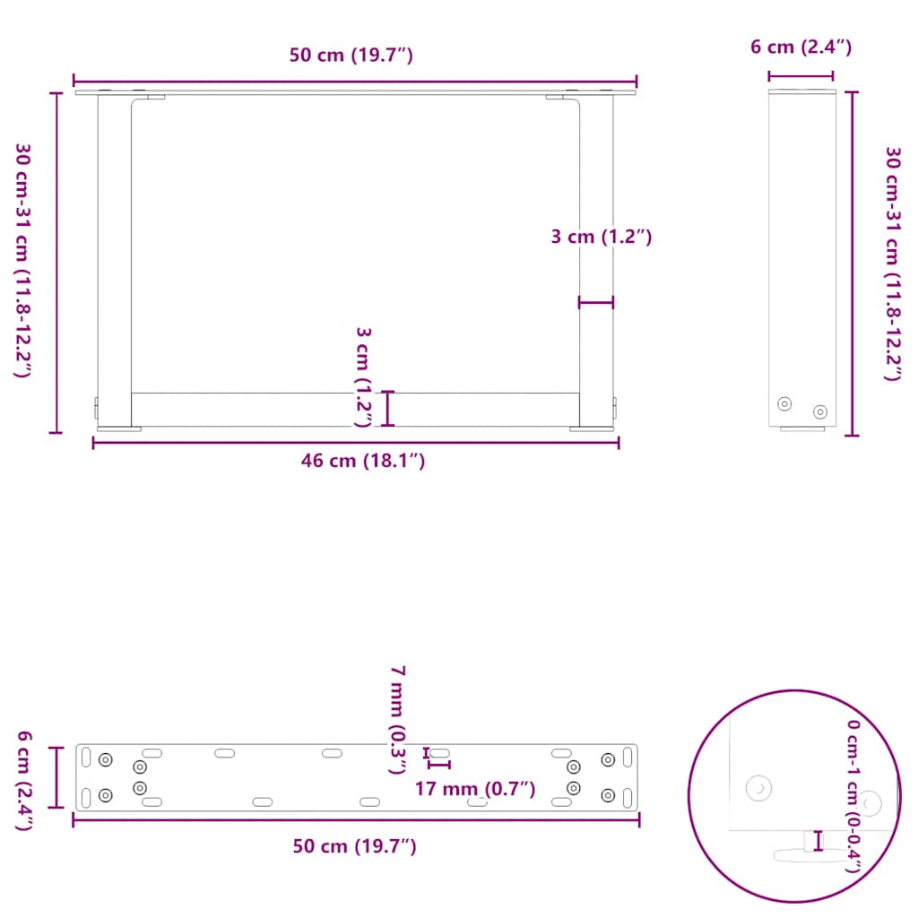 Salongbordben U-formet 2 stk naturstål 50x(30-31) cm stål
