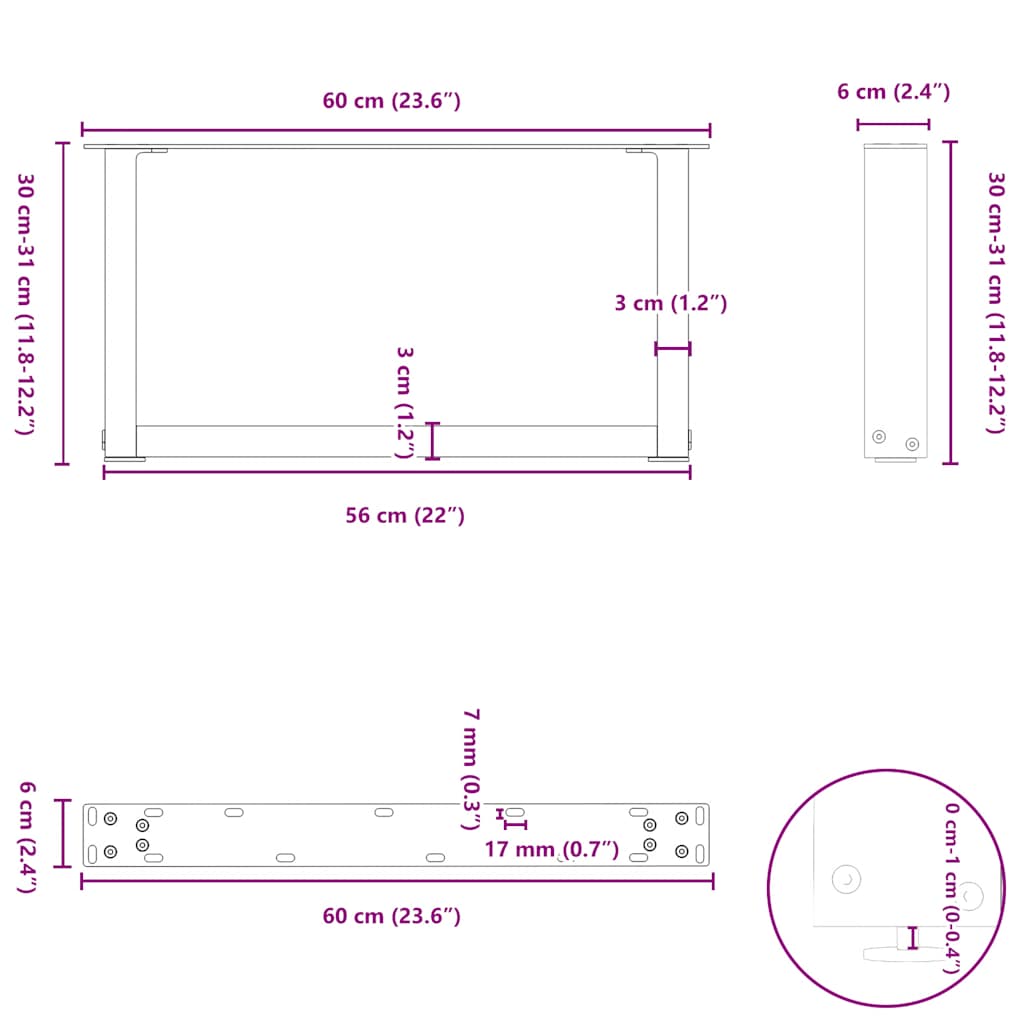 Salongbordben U-formet 2 stk hvit 60x(30-31) cm stål