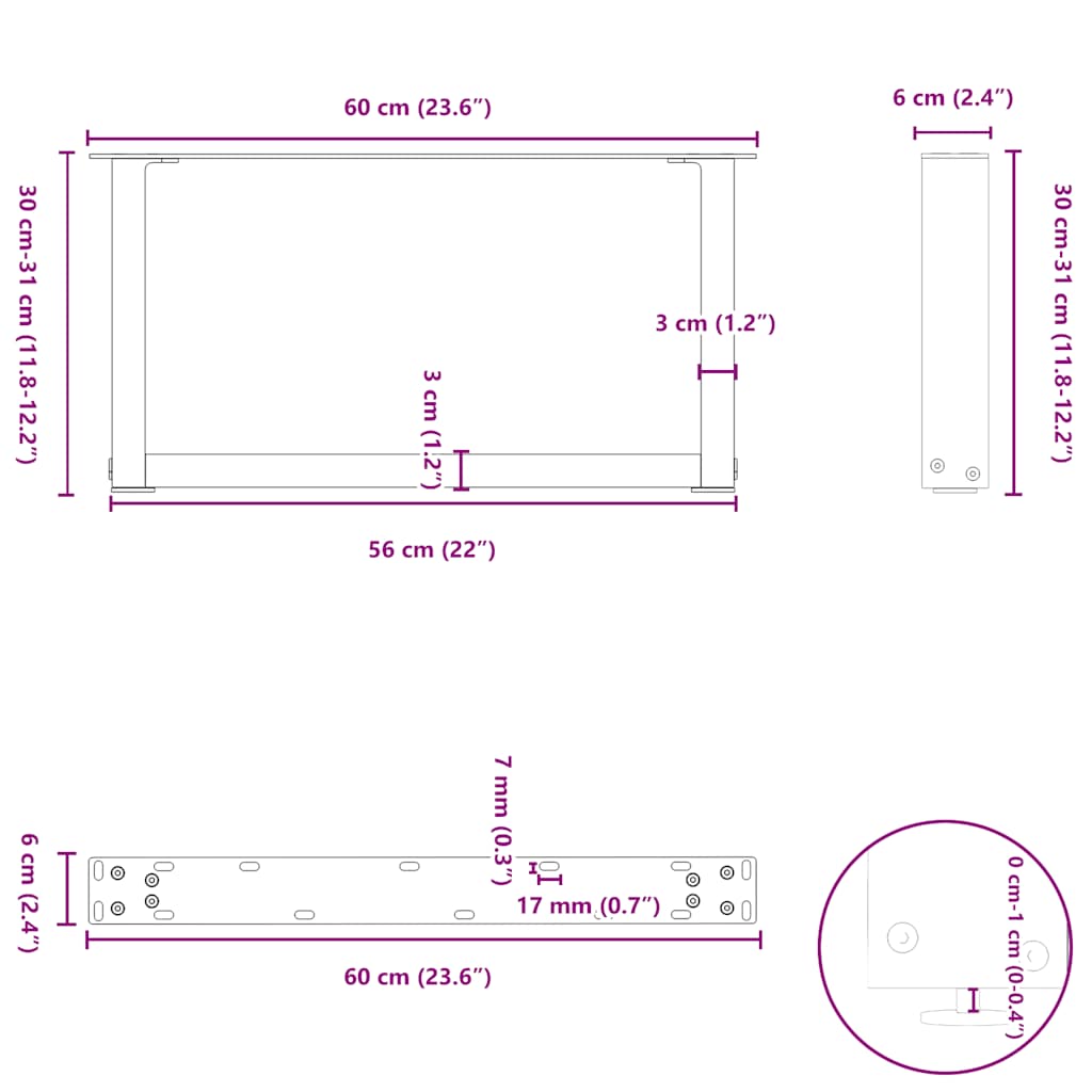 Salongbordben U-formet 2 stk antrasitt 60x(30-31) cm stål