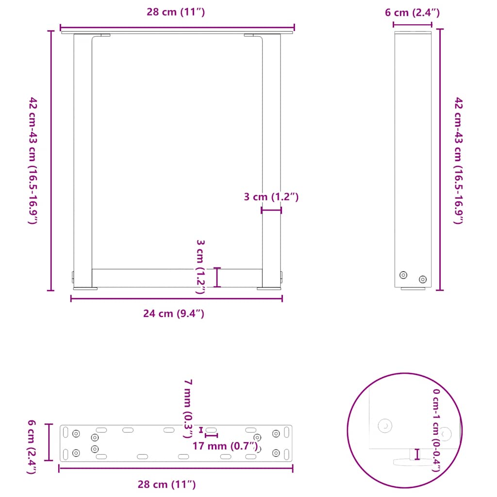 Salongbordben U-formet 2 stk hvit 28 x (42-43) cm stål