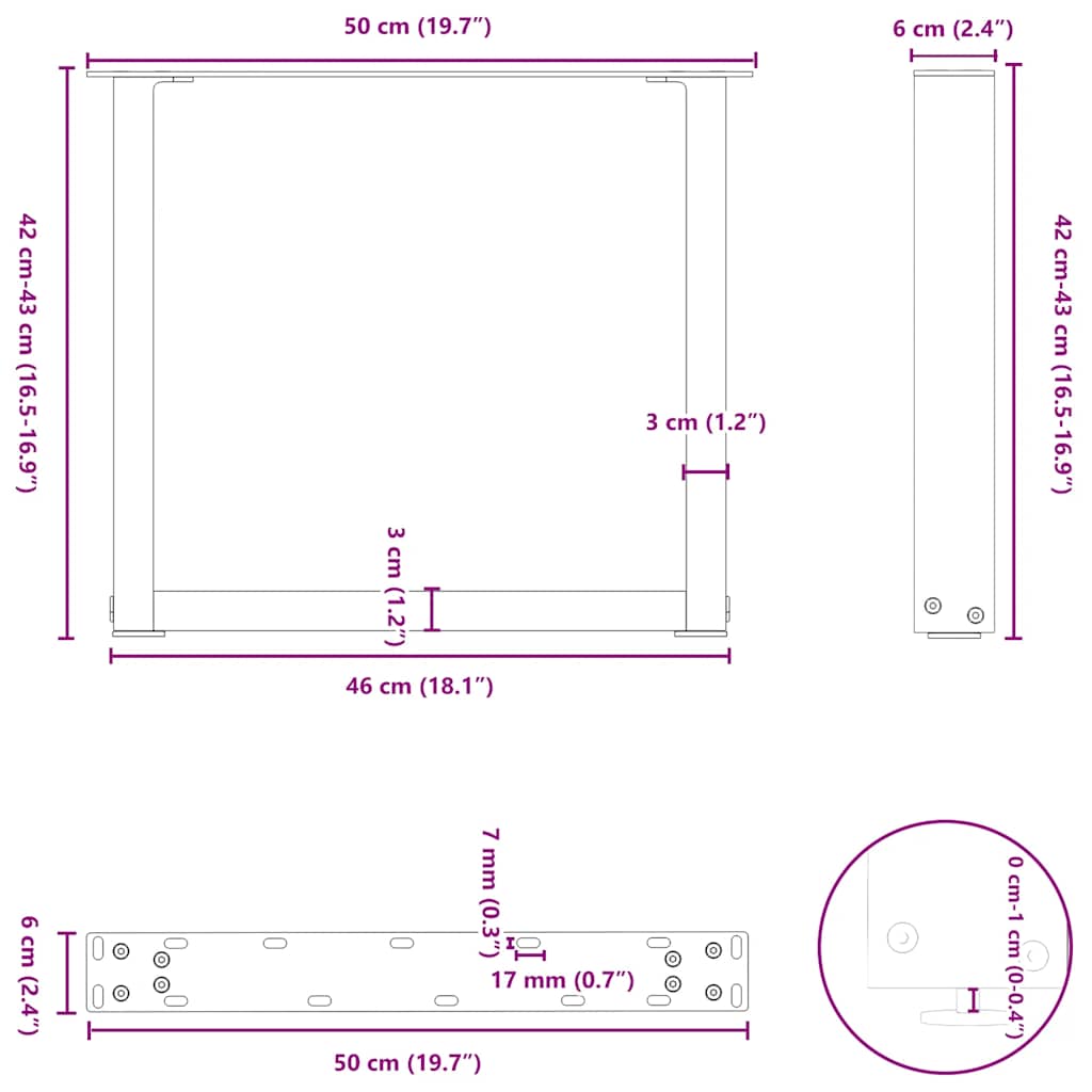 Salongbordben U-formet 2 stk naturstål 50x(42-43) cm stål